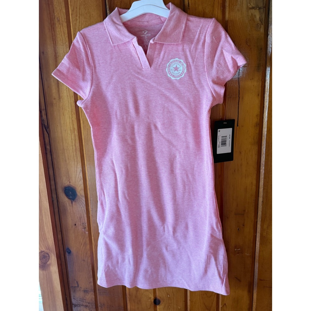 Converse Girls Pink Ribbed Polo‎ Dress Short Sleeve All Star Logo Size 7 NWT